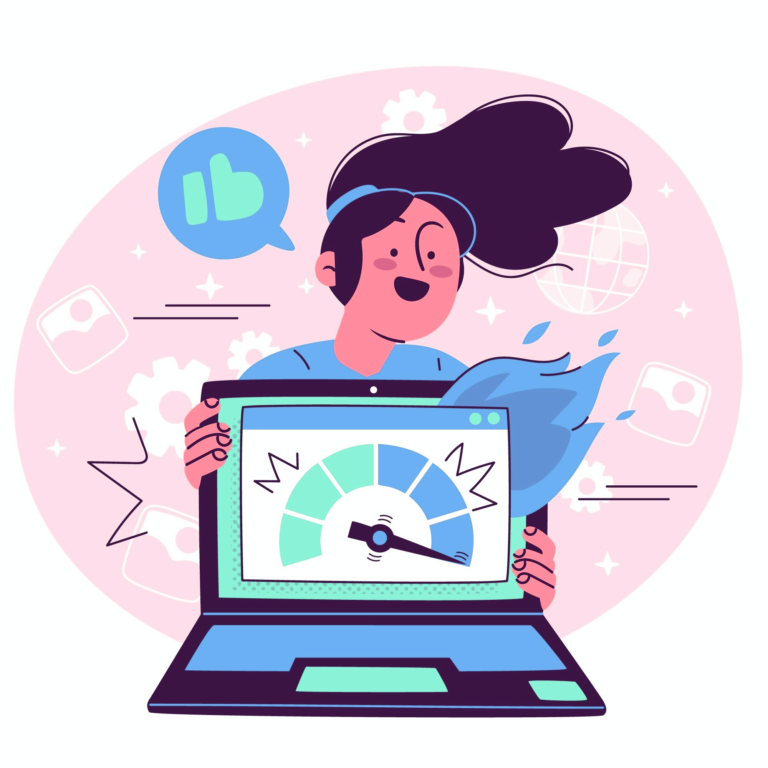 graphic of lady showing website