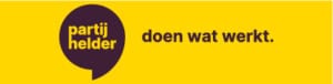 Logo Partij Helder, naam in een quote teken, en daarnaast Doen wat werkt op gele achtergrond