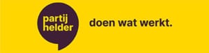 Logo Partij Helder, naam in een quote teken, en daarnaast Doen wat werkt op gele achtergrond