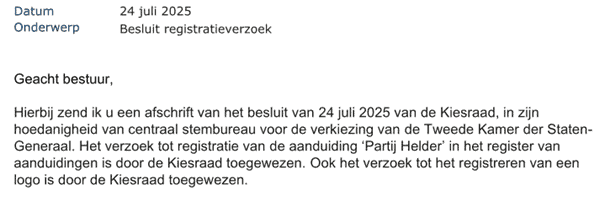 Kopie van tekst uit Registratie Partij Helder door Kiesraad