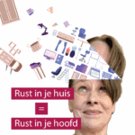 vrouw met geopende hersenpan waar meubels en spullen uit dwarrelen