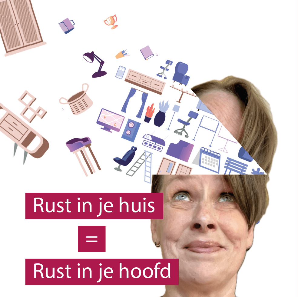 vrouw met geopende hersenpan waar meubels en spullen uit dwarrelen