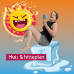 vrouw zit op een ijsblokje en heeft het warm, ze vraagt zich af hoe af te koelen
