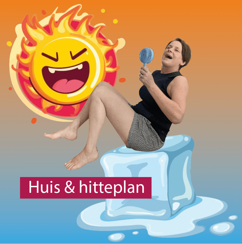 vrouw zit op een ijsblokje en heeft het warm, ze vraagt zich af hoe af te koelen