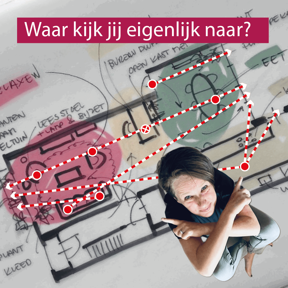 vrouw zit op plattegrond van huis met de zichtlijnen aangegeven