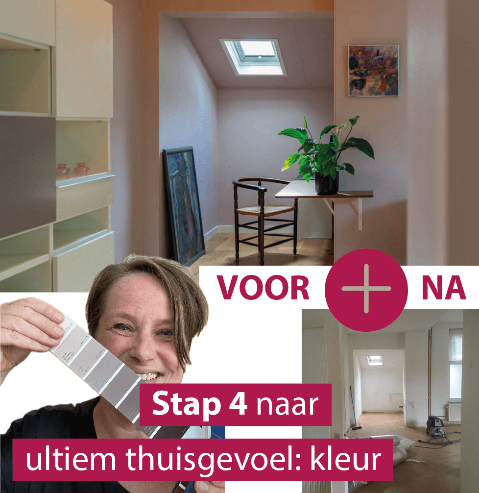 interieurontwerper laat de kleuren en de foto's zien van voor en na het schilderen.