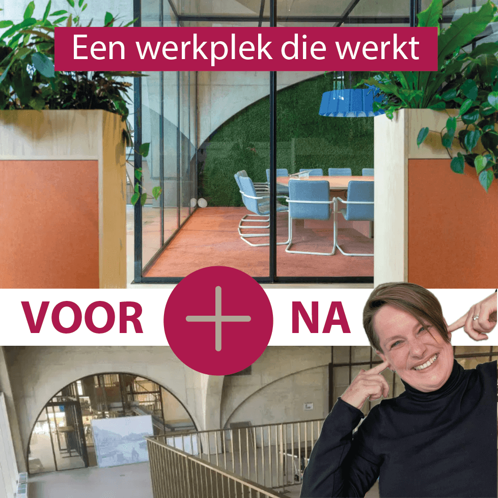 voor en na van een kantoorruimte. Warme kleuren, veel groen en akoestische materialen.