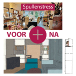 voor en na beelden van rommelige woonkamer en 'opgeruimd' interieurontwerp van studiopauke