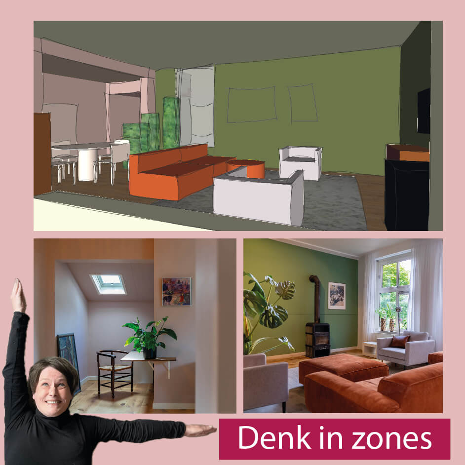 foto van grote woonkamer-interieur opgedeeld in zones: Lounge, eet-en kantoorgedeelte