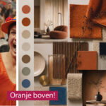 moodboard materiaal met gebrand oranje van studiopauke interieurontwerp en een foto van een oranjesupporter