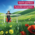 interieurdesigner van studiopauke zit achter leeg bureau in 'teletubbie-landschap'