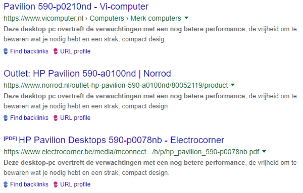 Duplicate content van webshops in de zoekresultaten.