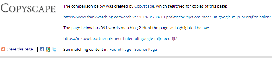 Percentage duplicate checken met Copyscape.