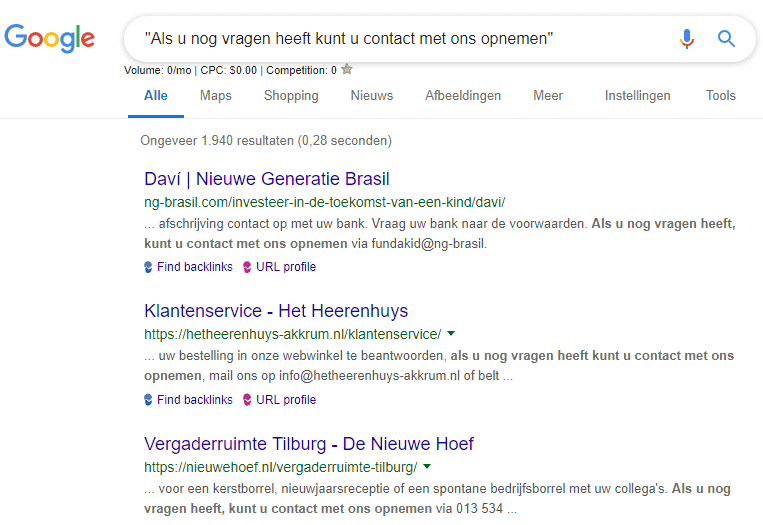 Checken op duplicate content met een Google search.