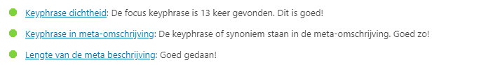 Screenshot van Yoast SEO met de 'keyphrase dichtheid' oftewel de 'zoekwoorddichtheid'.