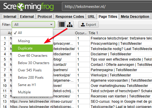 Duplicate content checken in Screaming Frog.