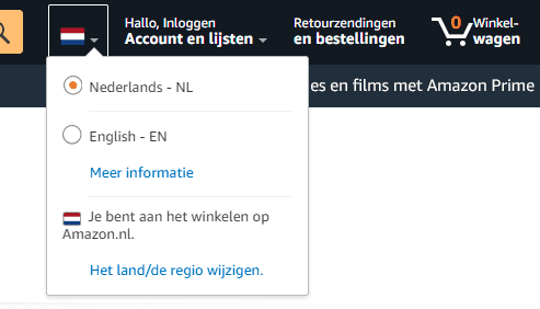 Van taal switchen op de website van Amazon.
