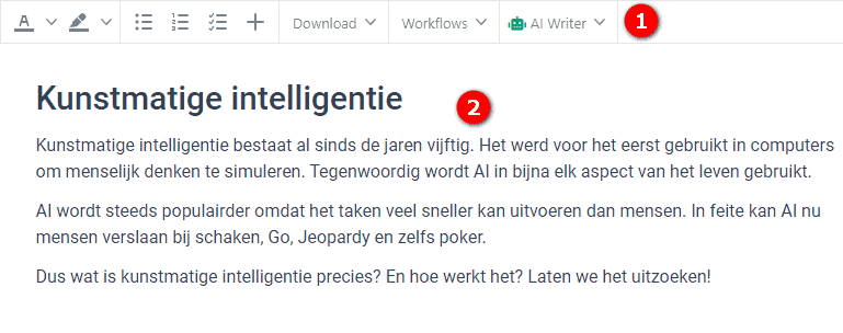 Een tekst gemaakt met de AI copywriting tool Frase.