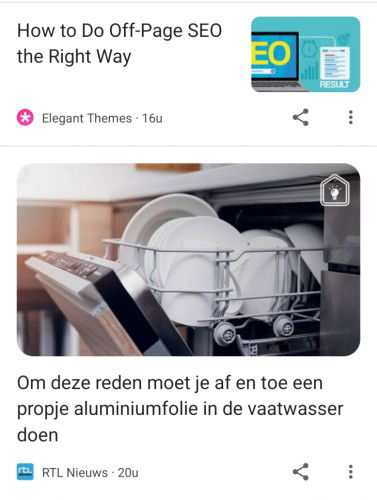 Screenshot van kaarten in Google Discover.