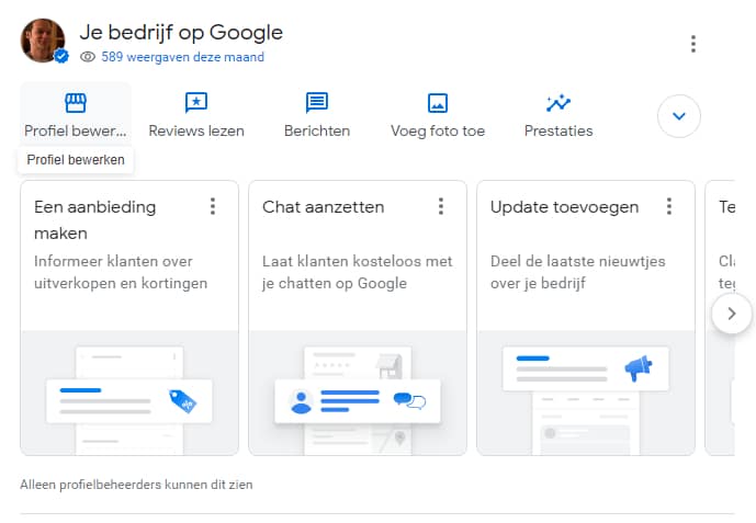 Je profiel aanpassen via het Dashboard van Google Bedrijfsprofiel.