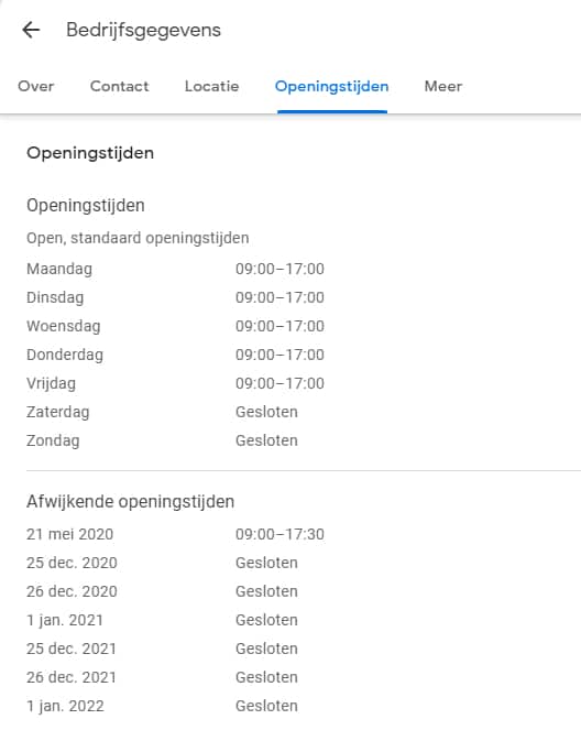 Openingstijden aanpassen in Google Bedrijfsprofiel.