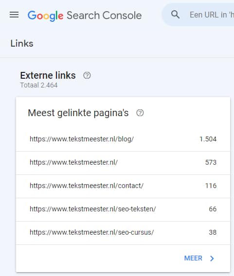 Een overzicht van externe links in Google Search Console.