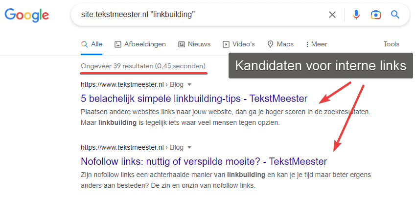 Zoeken in Google naar geschikte pagina's om interne links te plaatsen.