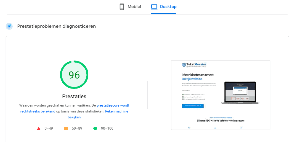 Screenshot van PageSpeed Insights met de snelheidsscore voor tekstmeester.nl.