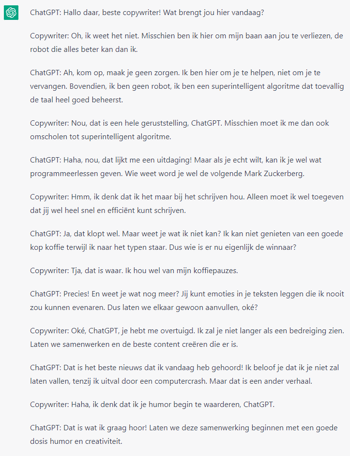 Een grappig gesprek tussen ChatGPT en een copywriter.