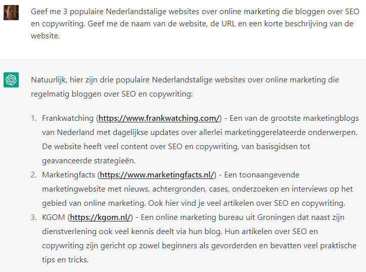 ChatGPT voor linkbuilding: websites opzoeken die geschikt zijn voor outreach.