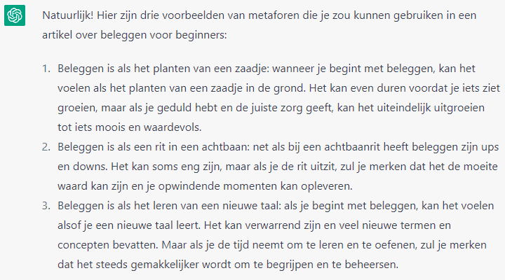 Een leuke metafoor bedenken voor een artikel over beleggen voor beginners.