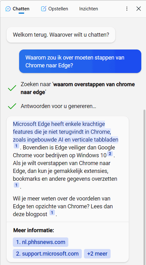 Gebruikmaken van de chatbot in Edge.