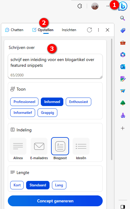 Tekst genereren met Bing Chat.