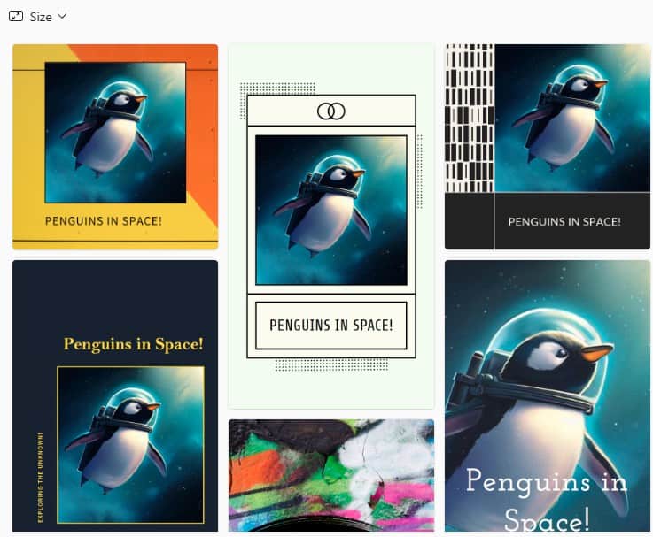Microsoft Designer: AI-gegenereerde afbeeldingen van een pinguïn in de ruimte.