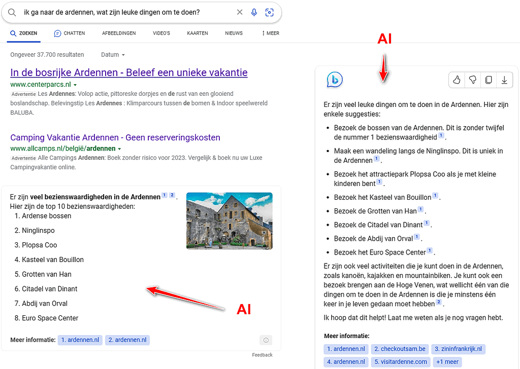 AI-gegenereerde content in de zoekresultaten van Bing.