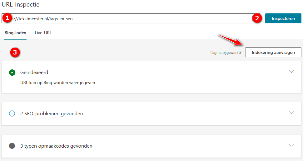 URL-inspectie in Bing Webmaster Tools.