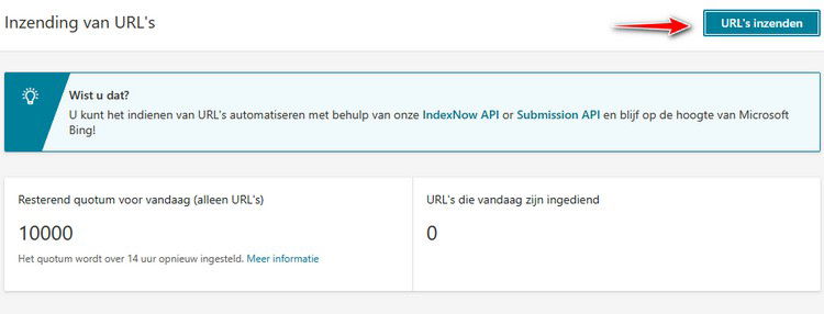 Dien meerdere URL's tegelijk in via Bing Webmaster Tools.