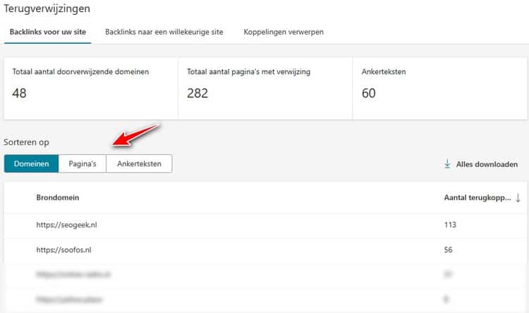 Overzicht van backlinks in Bing Webmaster Tools.