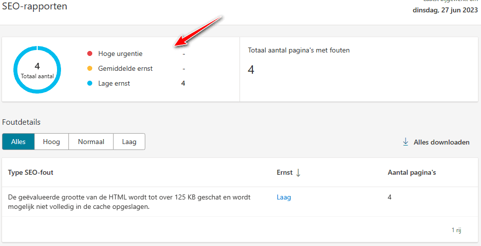 Overzicht van fouten in het SEO-rapport in Bing Webmaster Tools.