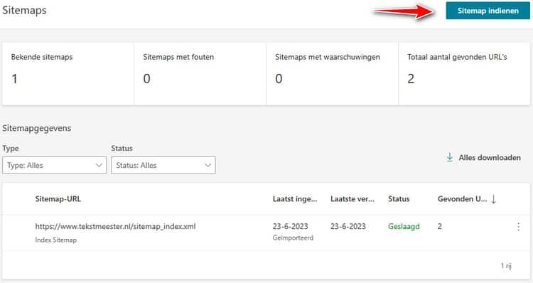 Een sitemap indienen in Bing Webmaster Tools.