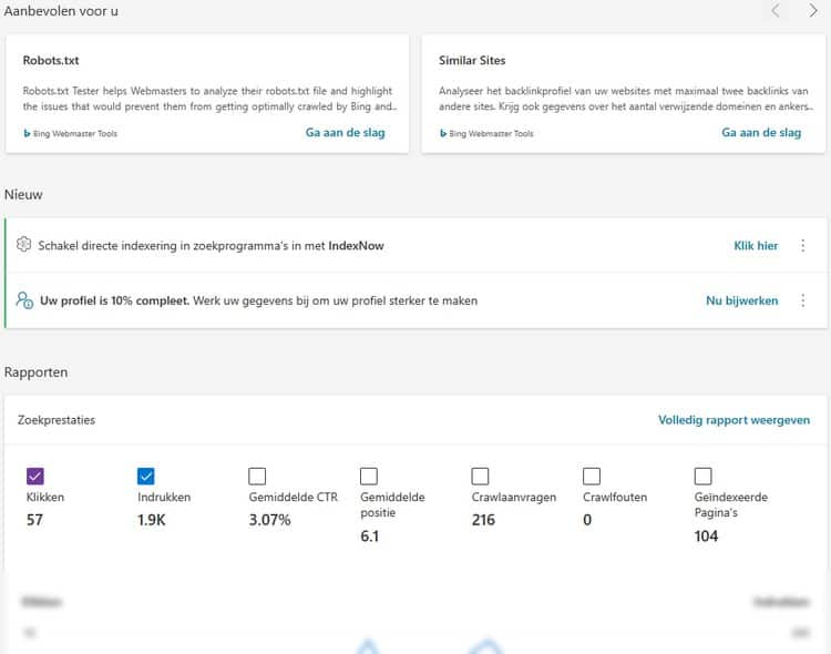 De startpagina in Bing Webmaster Tools.