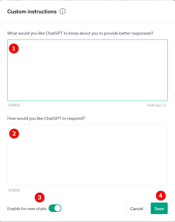 Custom instructions invullen in ChatGPT.