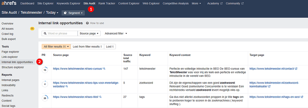 Screenshot Ahrefs Webmaster Tools. Overzicht van internal link opportunities.