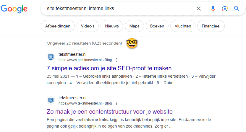 Screenshot van Google. Zoeken met de operator site: om te kijken of er pagina's op mijn website zijn over het onderwerp interne links.