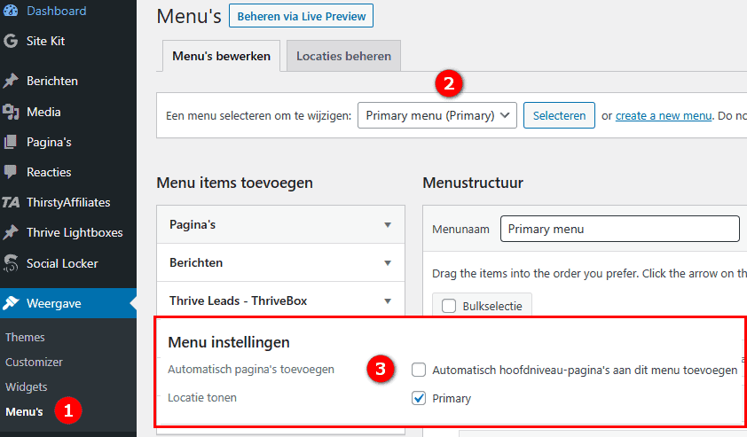 Screenshot van WordPress-dashboard. Automatisch nieuwe pagina's toevoegen aan een van je navigatiemenu's.