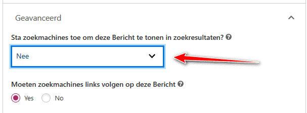 Screenshot: een pagina op noindex zetten met de plugin Yoast SEO in WordPress.