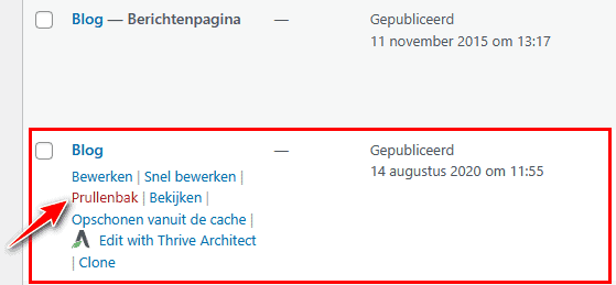 Screenshot: een orhpan page verwijderen in WordPress.