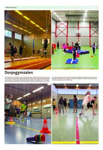 Vier foto's van gymzalen met rennende en spelende kinderen vullen een krantenpagina.