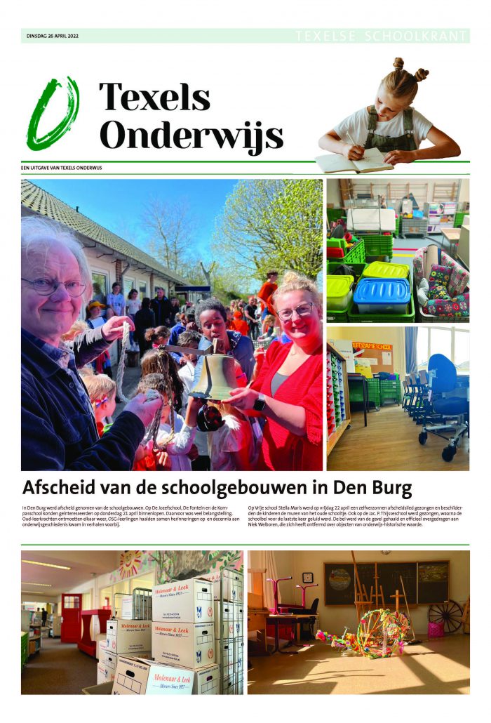 Een drietal foto's boven laten van links naar rechts een oudere man zien die een schoolbel in ontvangst neemt, een speelzaal in een school vol met spullen die klaar staan om te verhuizen en een zonnig lokaal met in de hoek bakken met te verhuizen spullen. De onderkant van de pagina laat 2 foto's zien, links een beschilderde schoolmuur met een grote stapel verhuisdozen ervoor en rechts een kleurig zonnerad in een zonnig lokaal met strijklicht.